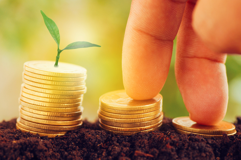 Finger Walking  on Pile of Coins, Concept in Growth, Finance, Account and Success in Business Step by Step, Small Tree or Plant Grow up and Stack on Money